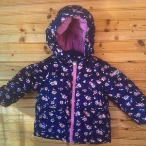 Girls Navy Floral Puffer Coat with Pink Lining